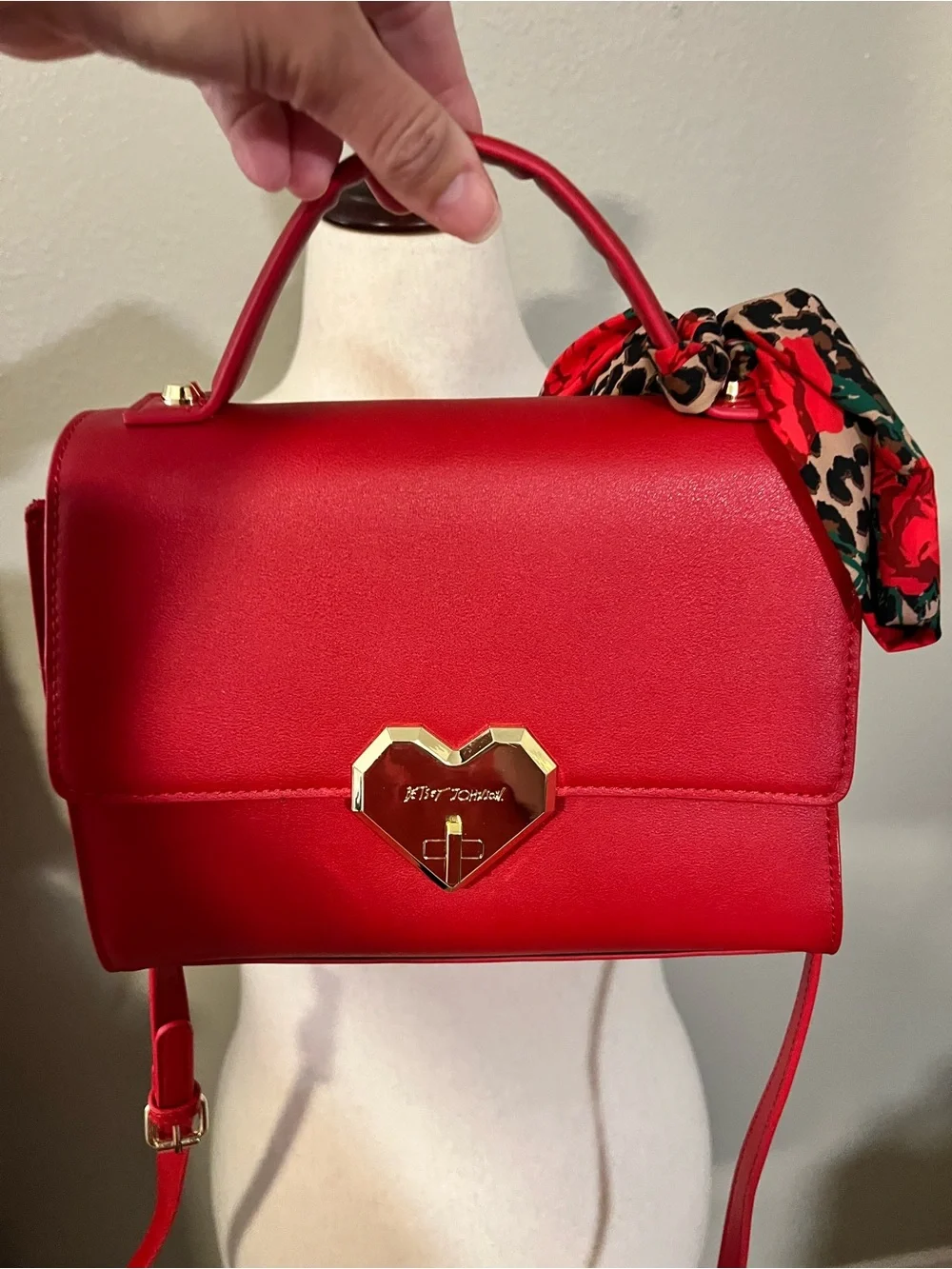 Betsey Johnson Red Satchel with Leopard Scarf and Gold Heart Lock